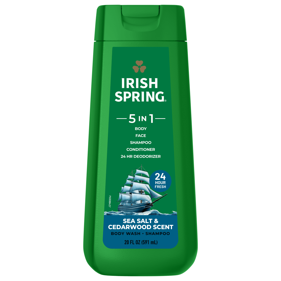 Irish Spring 5 in 1 Moisturizing Body Wash for Men, Shampoo, Conditioner, Body and Face Wash, and 24 Hour Deodorizer, Paraben-Free, Sea Salt & Cedarwood Scent, 20 fl oz