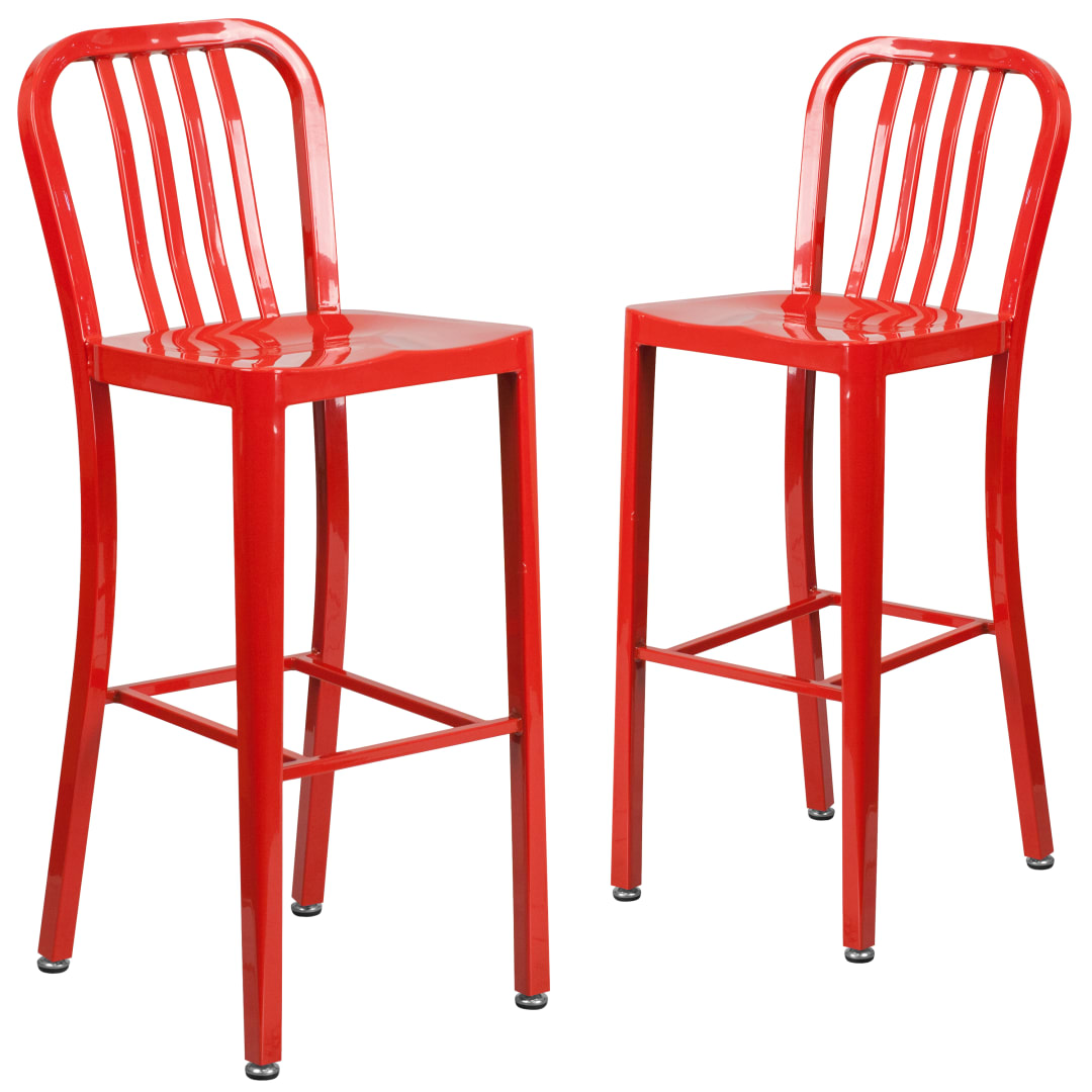 Gael Commercial Grade 2 Pack 30" High Red Metal Indoor-Outdoor Barstool with Vertical Slat Back