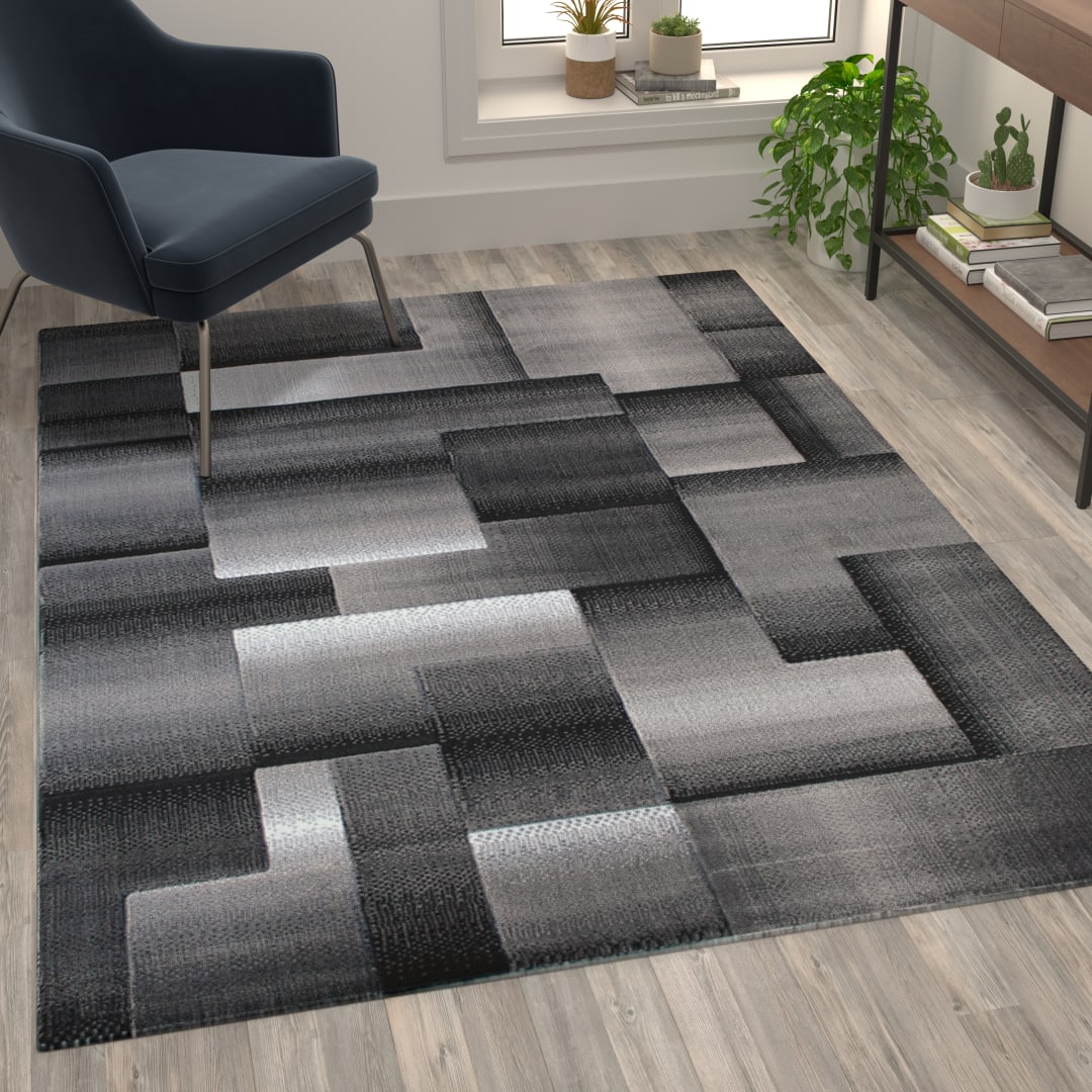 Elio Collection 5' x 7' Gray Color Blocked Area Rug - Olefin Rug with Jute Backing - Entryway, Living Room, or Bedroom