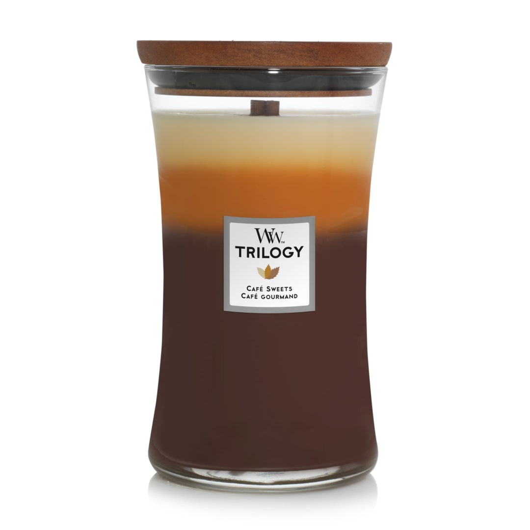 WoodWick® Large Hourglass Trilogy Scented Candle | Café Sweets | with Crackling Wick | Burn Time: Up to 130 Hours