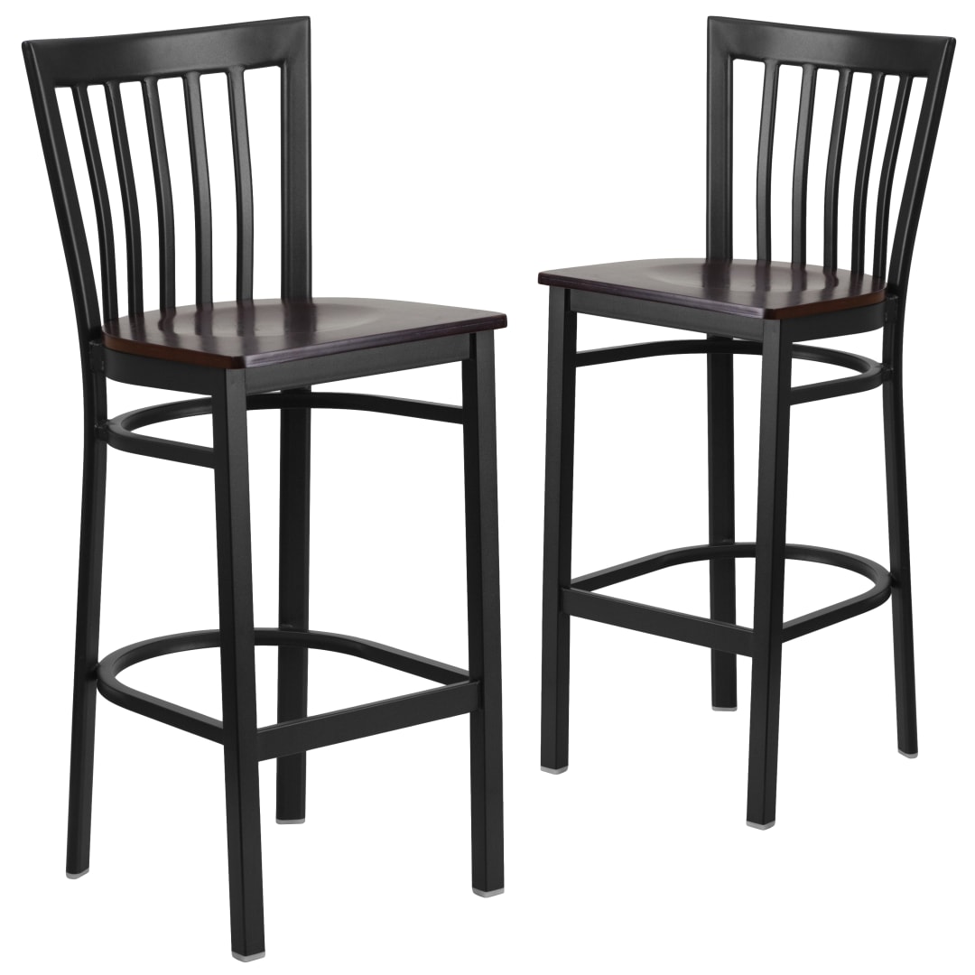 2 Pk. HERCULES Series Black School House Back Metal Restaurant Barstool - Walnut Wood Seat