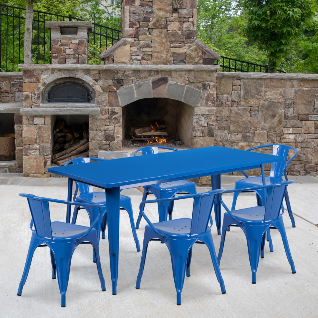 Oakley Commercial Grade 31.5" x 63" Rectangular Blue Metal Indoor-Outdoor Table Set with 6 Arm Chairs