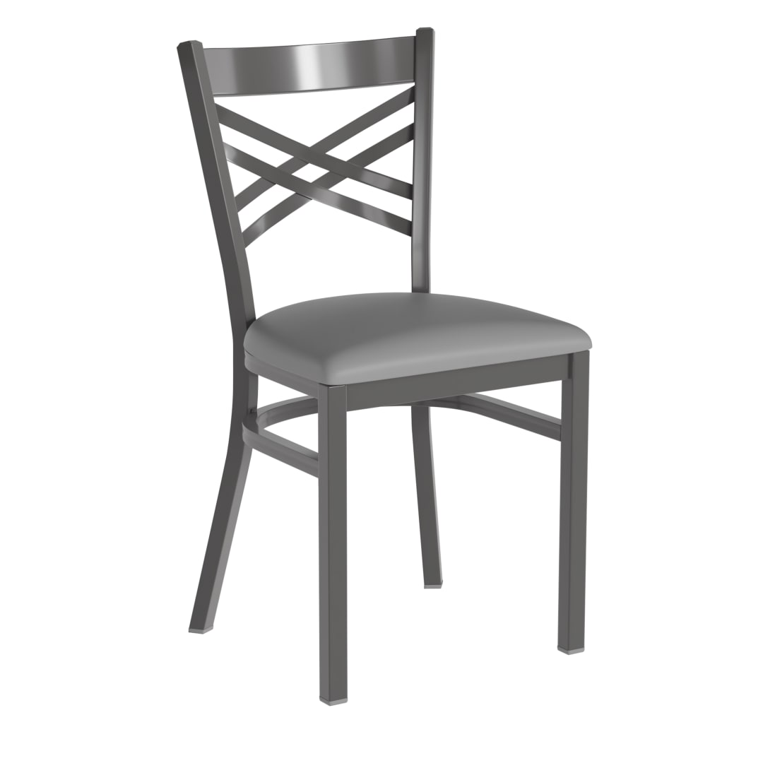 HERCULES Silver Antique Finish with Clear Coat ''X'' Back Metal Restaurant Chair - Gray Vinyl Seat
