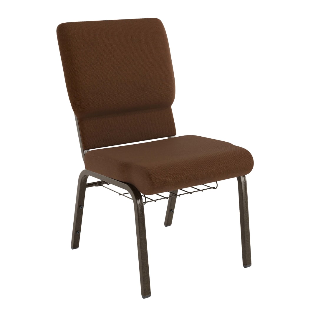 HERCULES Series 18.5''W Church Chair in Brown Fabric with Cup Book Rack - Gold Vein Frame