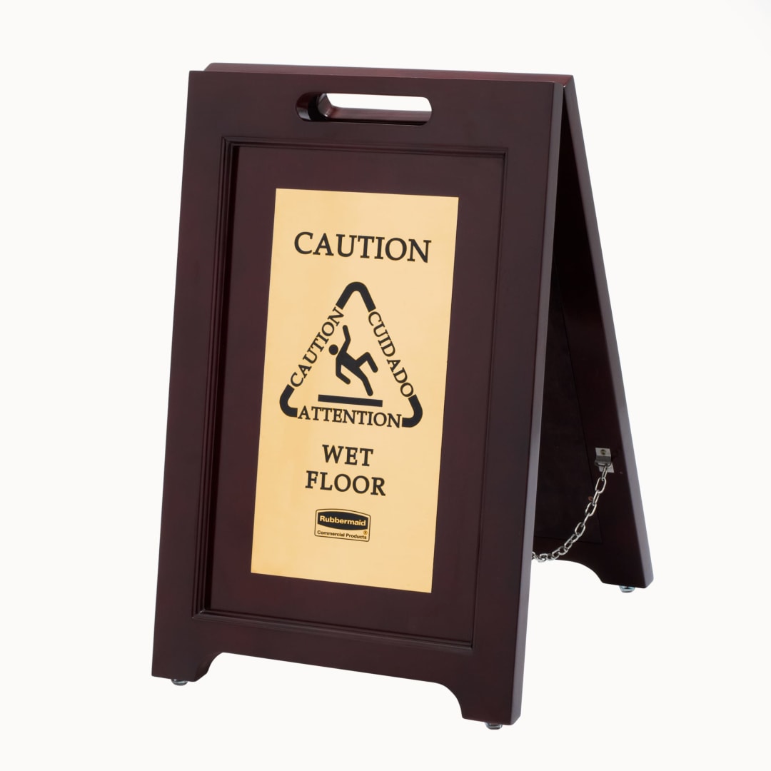 Rubbermaid Commercial Products Executive Series™ Wooden Multilingual "Caution" Sign, 2 Sided, 22", Gold
