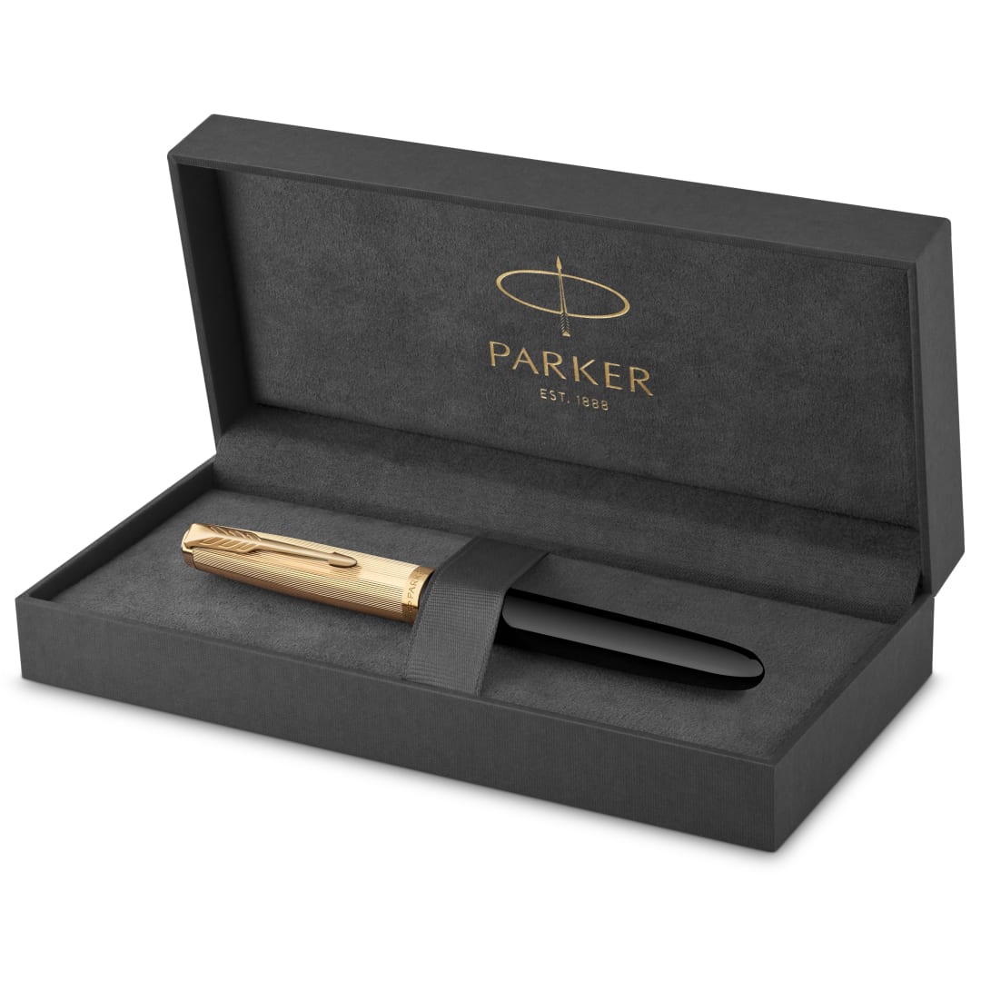 Parker 51 Fountain Pen, Deluxe Black Barrel with Gold Trim, Fine 18k Gold Nib with Black Ink Cartridge, Gift Box