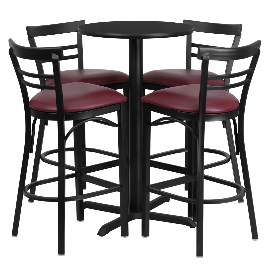 Carlton 24'' Round Black Laminate Table Set with X-Base and 4 Two-Slat Ladder Back Metal Barstools - Burgundy Vinyl Seat