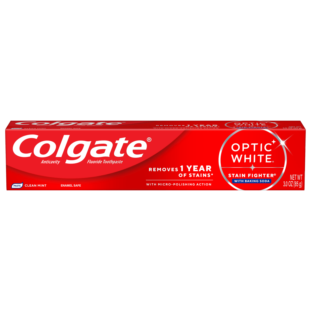 Colgate Optic White Stain Fighter with Baking Soda Teeth Whitening Toothpaste, Clean Mint Paste, Anticavity Toothpaste with Fluoride, 3.0 OZ