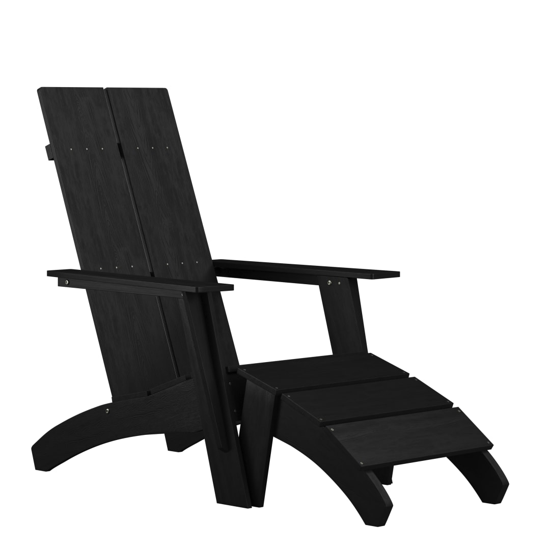 Sawyer Modern Commercial All-Weather Poly Resin Wood Adirondack Chair with Foot Rest in Black