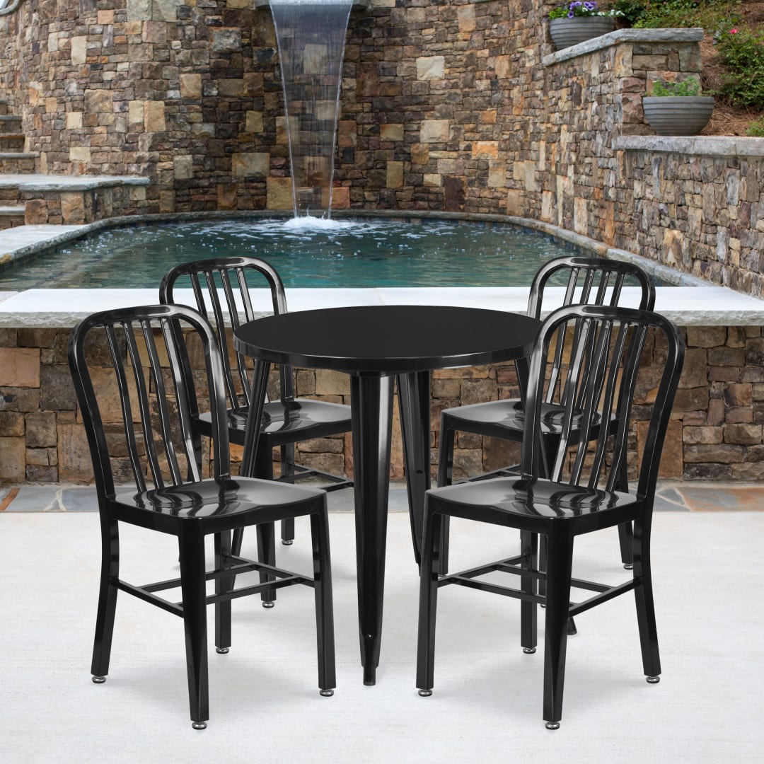 Chad Commercial Grade 30" Round Black Metal Indoor-Outdoor Table Set with 4 Vertical Slat Back Chairs