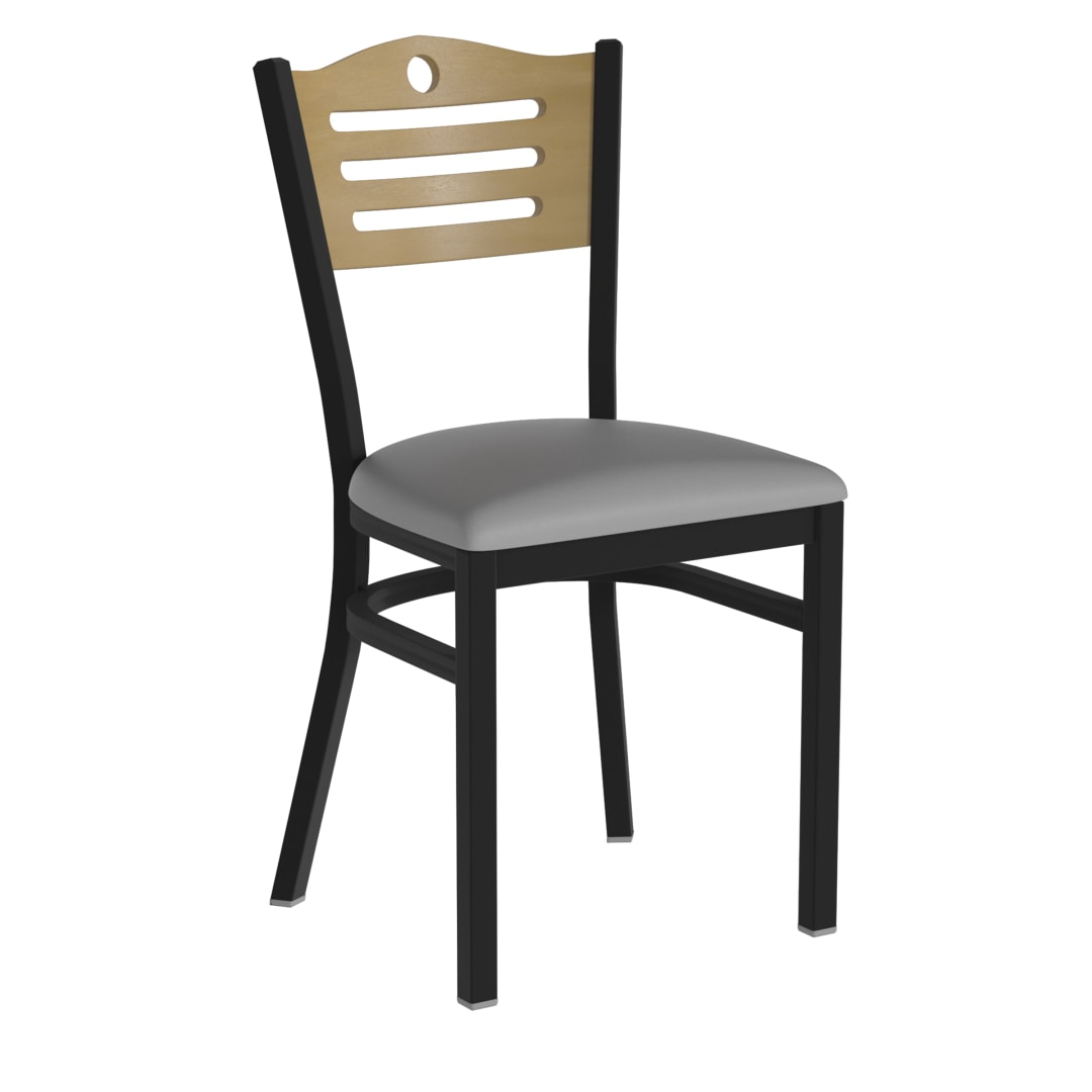 HERCULES Black Slat Back Metal Restaurant Chair - Natural Wood Back, Gray Vinyl Seat
