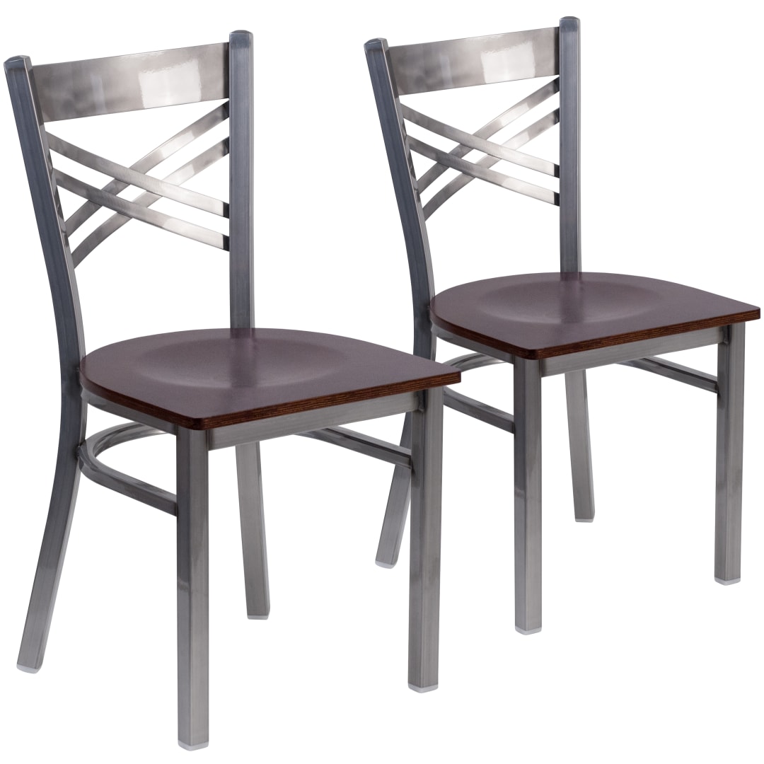 2 Pk. HERCULES Series Silver Antique Finish with Clear Coat ''X'' Back Metal Restaurant Chair - Walnut Wood Seat
