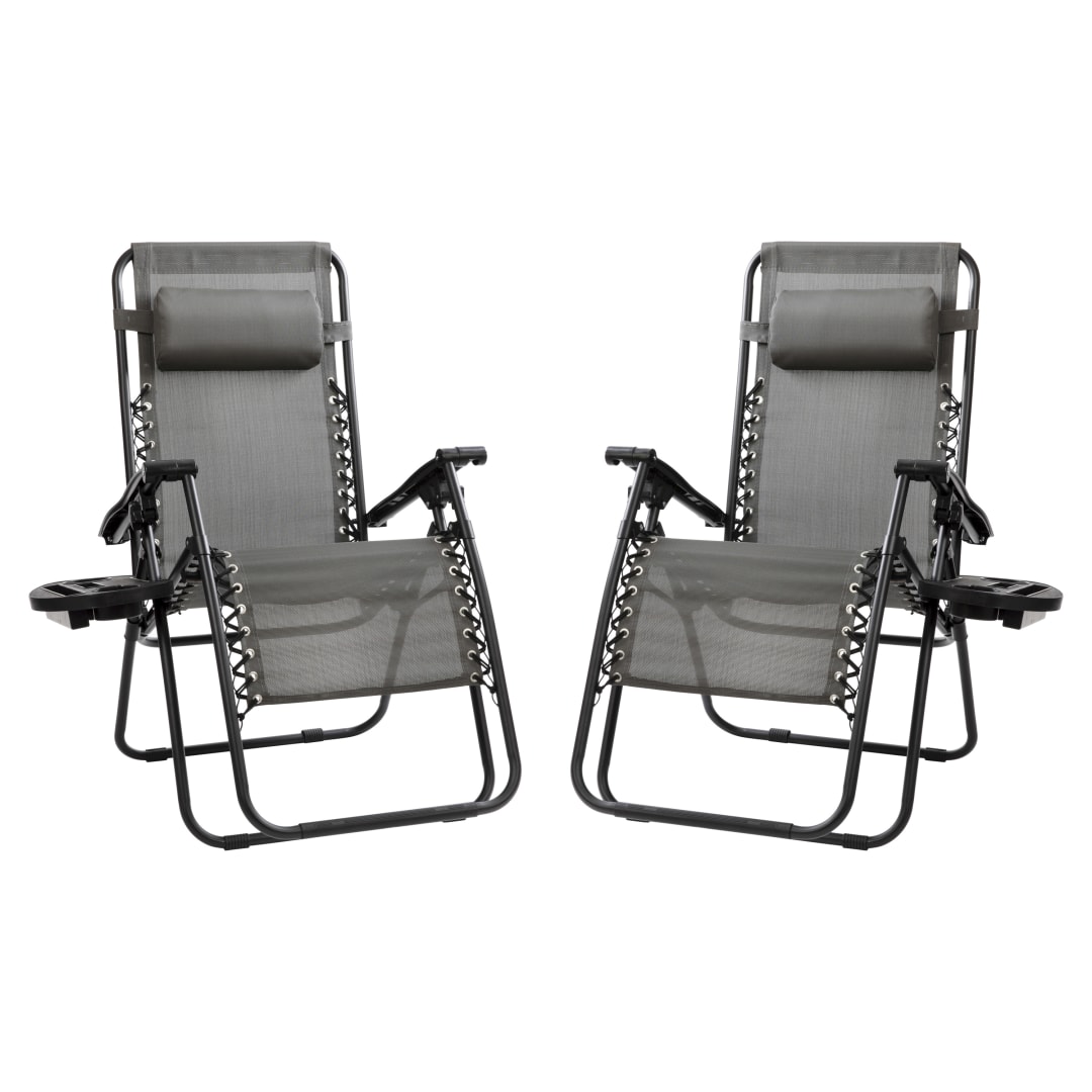 Celestial Adjustable Folding Mesh Zero Gravity Reclining Lounge Chair with Pillow and Cup Holder Tray in Gray, Set of 2