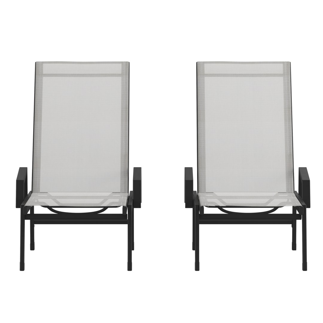 Brazos Set of 2 Adjustable Chaise Lounge Chairs with Arms, All-Weather Outdoor Five-Position Recliners, Black/Gray
