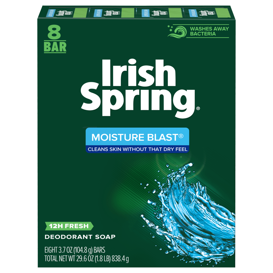 Irish Spring Moisture Blast Moisturizing Bar Soap, Body and Hand Soap Bar Washes Away Bacteria, 3.7 Ounce, 8 Bars