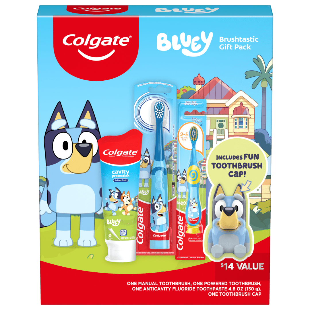 Colgate Kids Toothbrush Set with Toothpaste, Bluey Gift Set, 1 manual toothbrush, 1 powered toothbrush, 1 toothpaste, and 1 toothbrush cap
