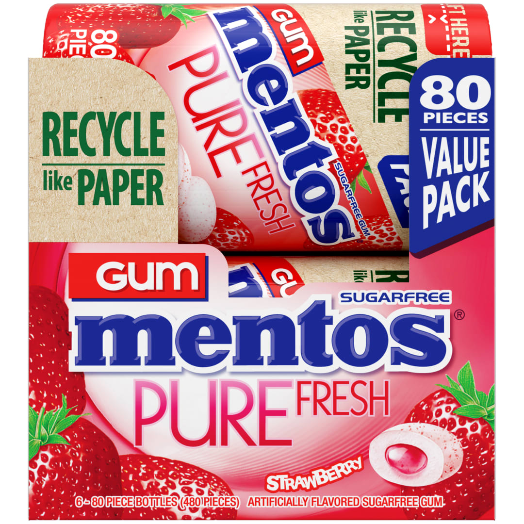 Mentos Gum Pure Fresh Sugar Free Chewing Gum Strawberry 80 pc Paperboard Bottles - 6 Pack
