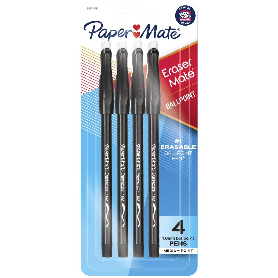 Paper Mate® EraserMate® Erasable Pens, Ballpoint Pens, Medium Point (1.0mm), Black, 4 Count