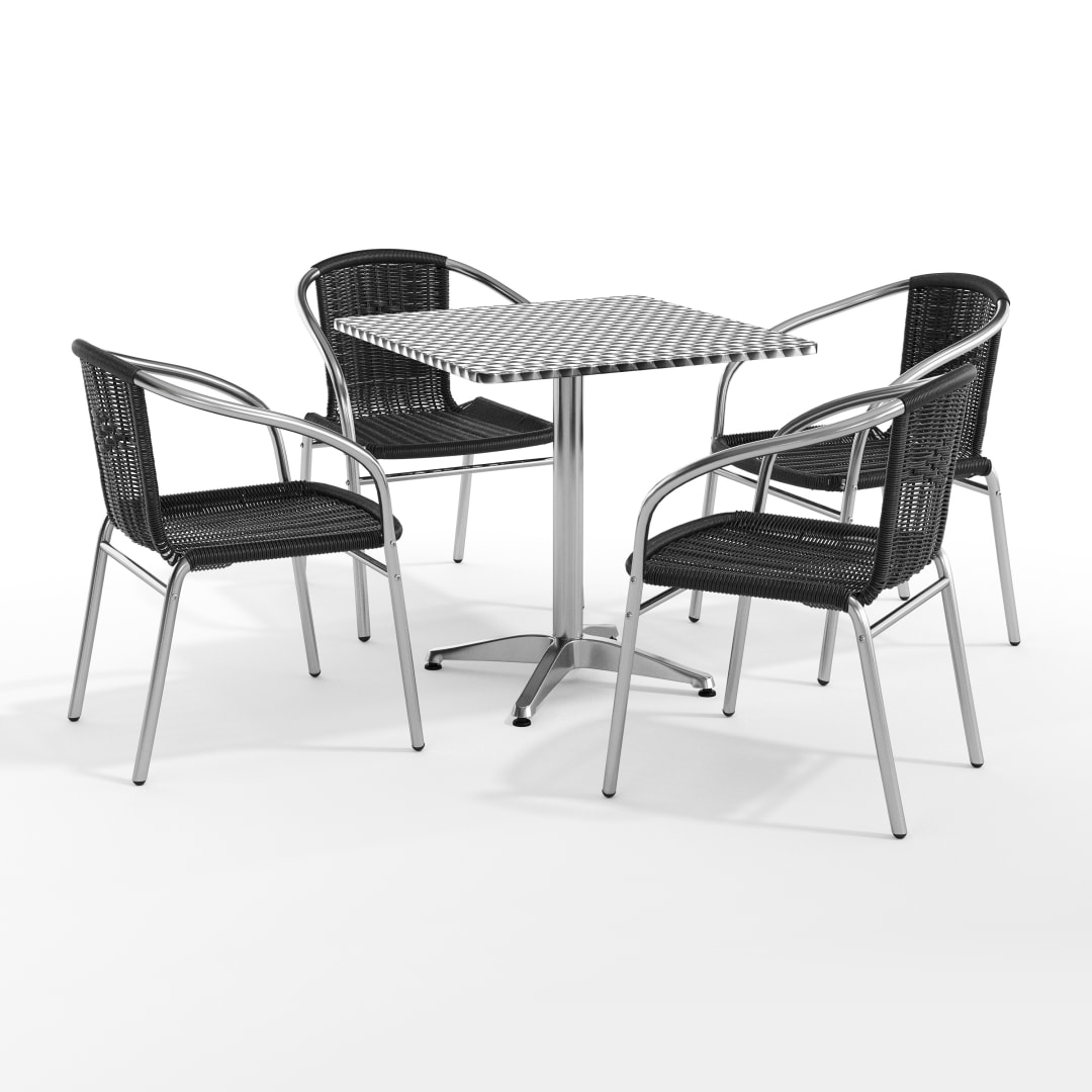 Lila 27.5'' Square Aluminum Indoor-Outdoor Table Set with 4 Black Rattan Chairs