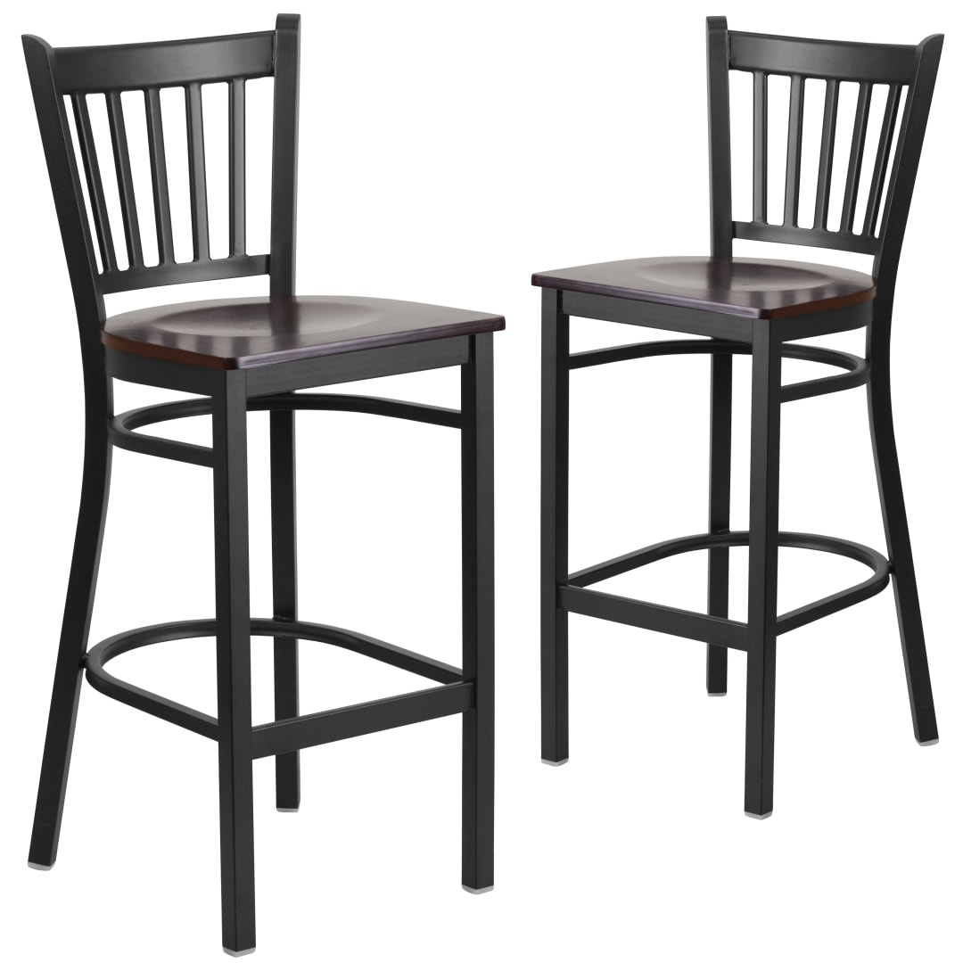 2 Pk. HERCULES Series Black Vertical Back Metal Restaurant Barstool - Walnut Wood Seat