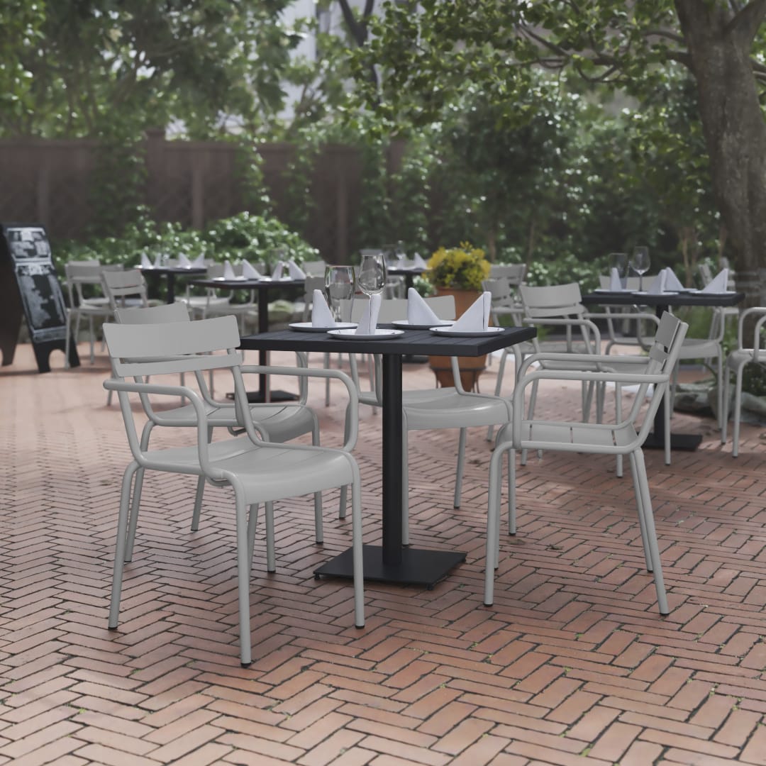 Nash Commercial Grade Silver Steel Indoor-Outdoor Stackable Chair with 2 Slats and Arms, Set of 4