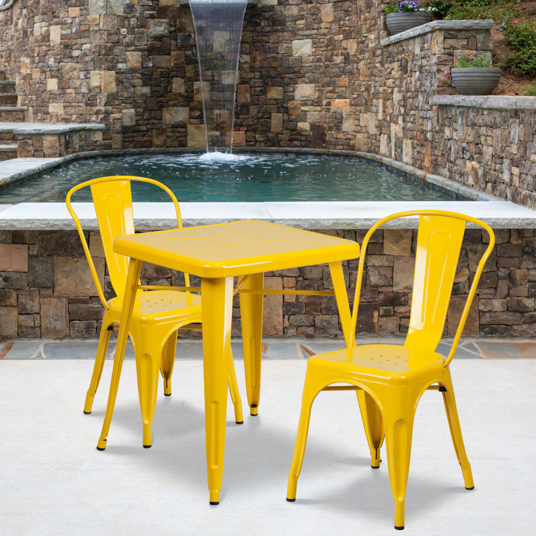 Owen Commercial Grade 23.75" Square Yellow Metal Indoor-Outdoor Table Set with 2 Stack Chairs