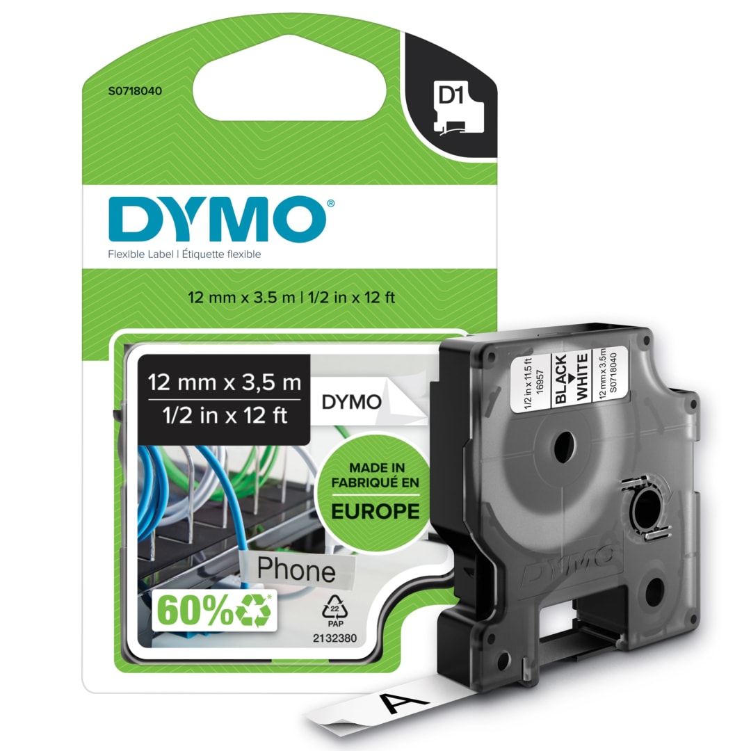 DYMO® D1 High Performance Flexible Nylon Fabric Tape for DYMO® LabelManager Label Makers, Black Print on White, 1/2-inch x 12-Foot Roll