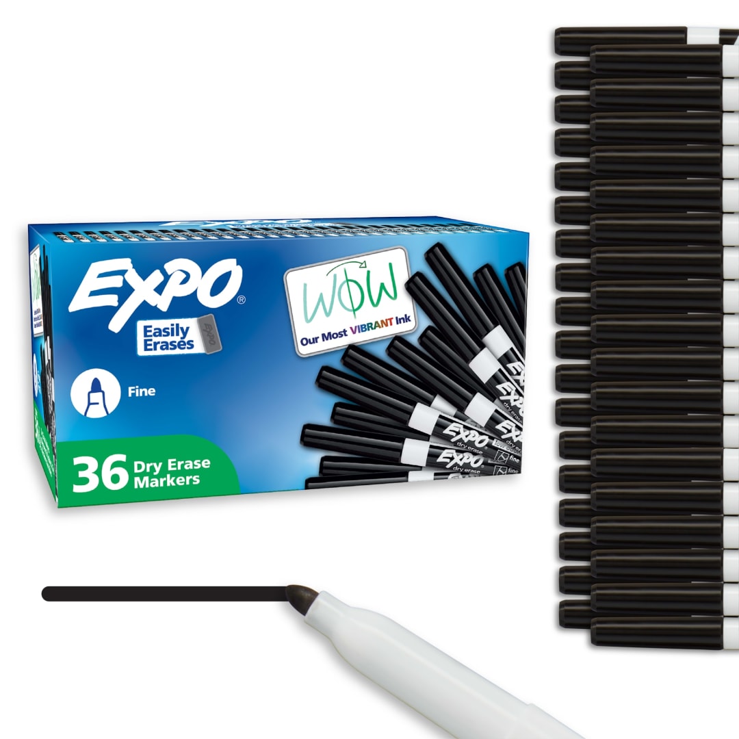 EXPO Dry Erase Markers, Low Odor Ink, Black, Fine Tip, 36 Count