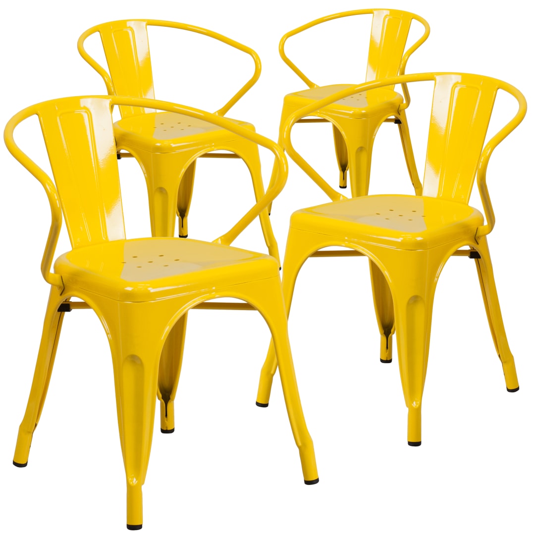 Roy Commercial Grade 4 Pack Yellow Metal Indoor-Outdoor Chair with Arms