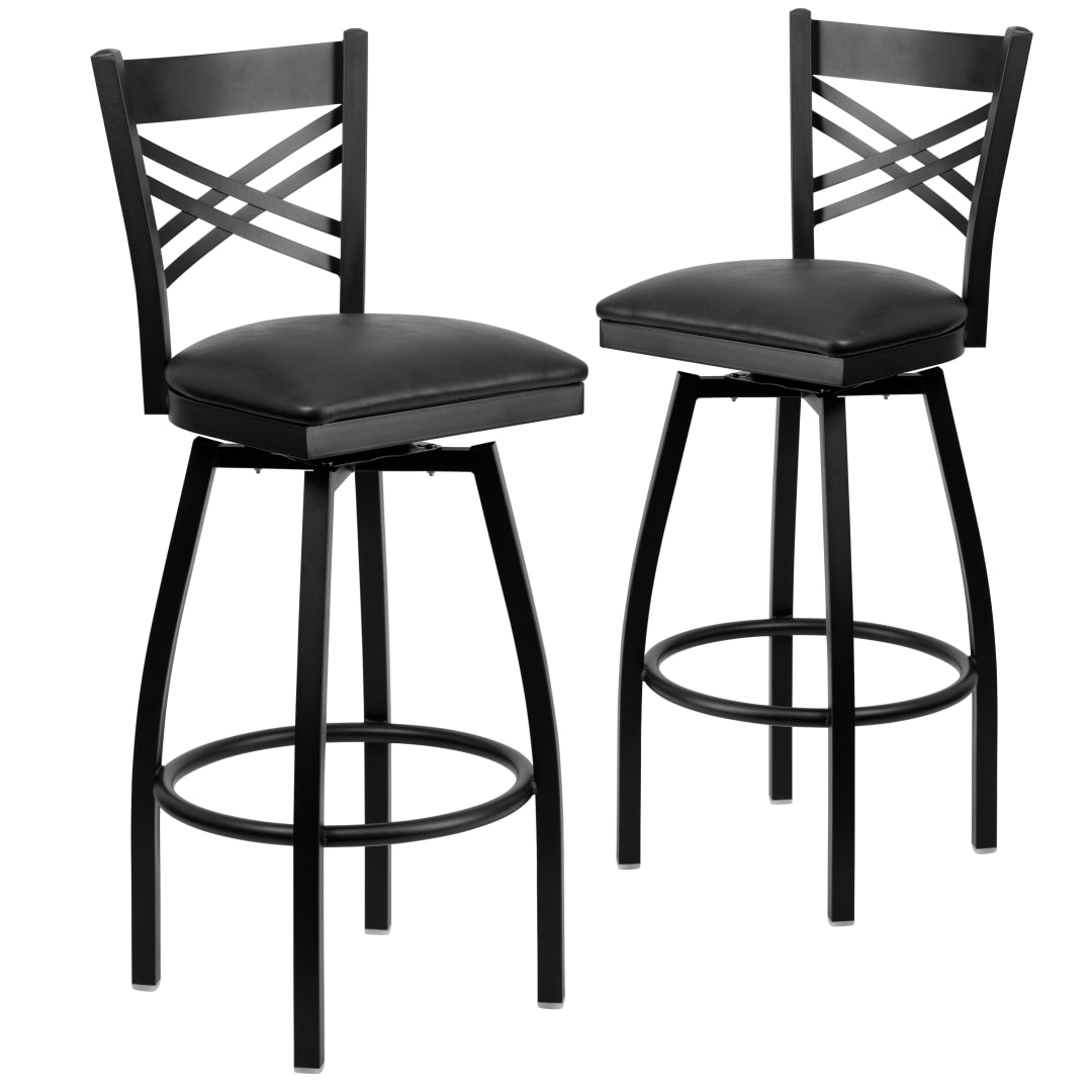 2 Pack HERCULES Series Black ''X'' Back Swivel Metal Barstool - Black Vinyl Seat