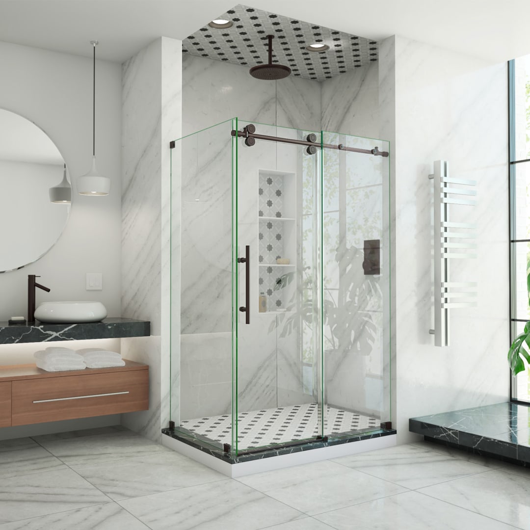 DreamLine Enigma-XO 32 1/2 inch D x 44 3/8 - 48 3/8 inch W x 76 inch H Frameless Sliding Shower Enclosure in Oil Rubbed Bronze Stainless Steel