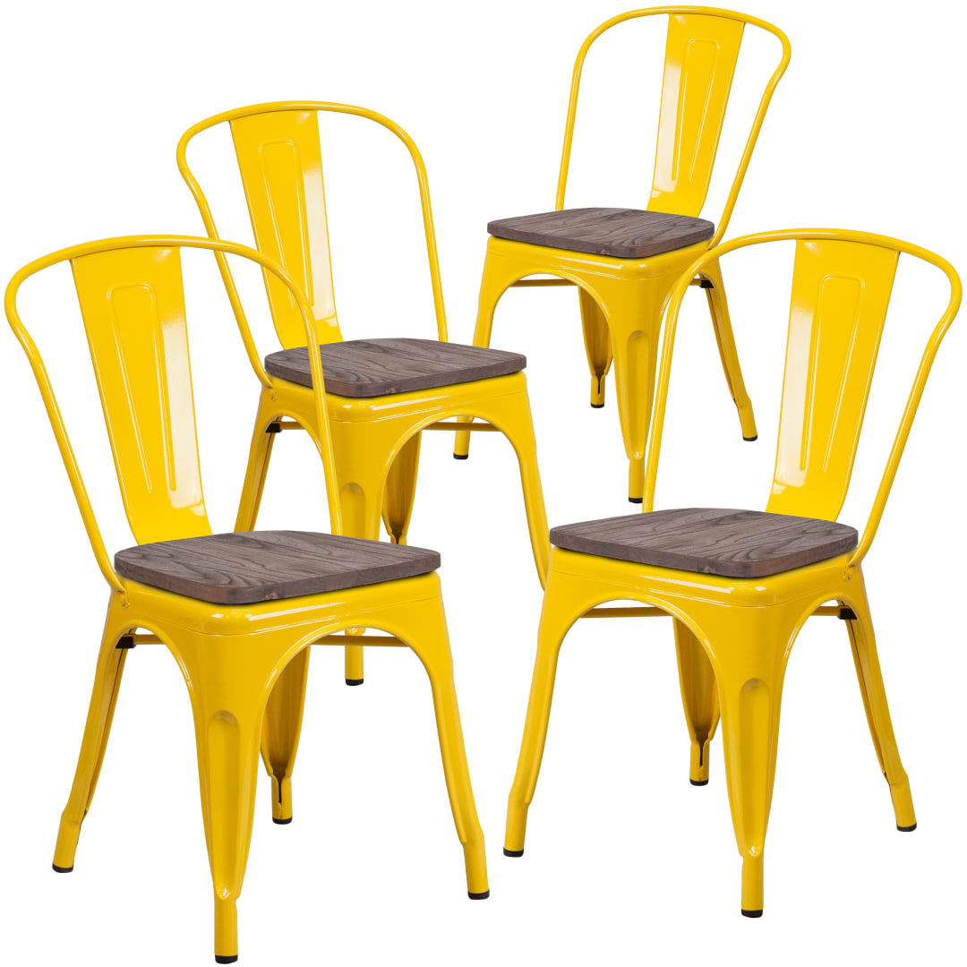 Luke 4 Pk. Yellow Metal Stackable Chair with Wood Seat