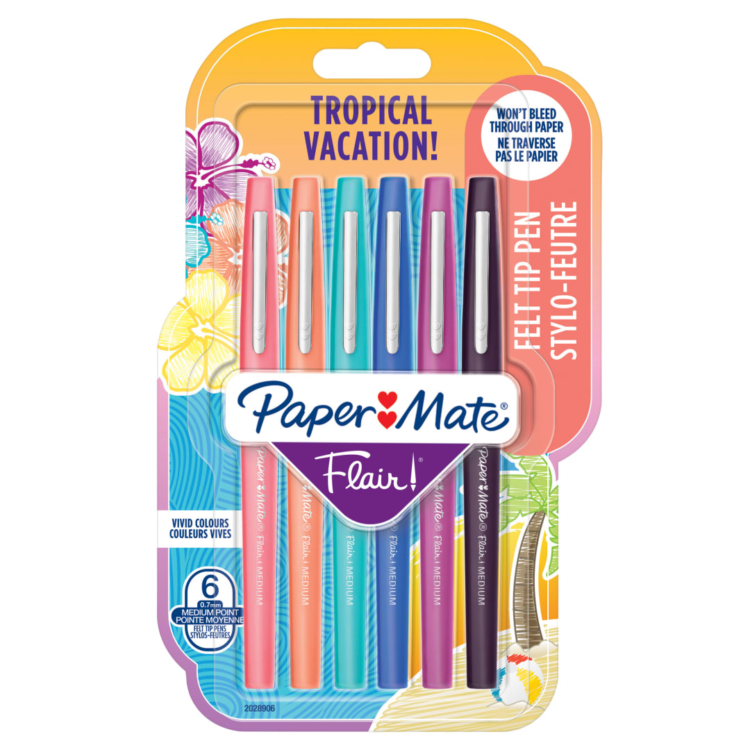 Paper Mate® Flair Felt Tip Pens | Medium Tip (0.7 mm) | Tropical Vacation Colours | 6 Count