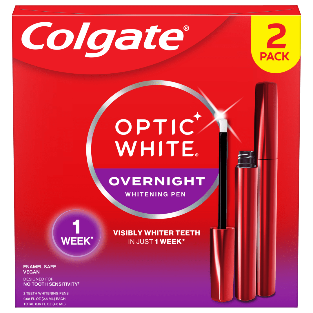 Colgate Optic White Overnight Teeth Whitening Pen, Hydrogen Peroxide Teeth Whitener, Visibly Whiter Teeth In Just 1 Week When Used as Directed, 21 Whitening Treatments Each, 2 Pack, 0.08 fl oz