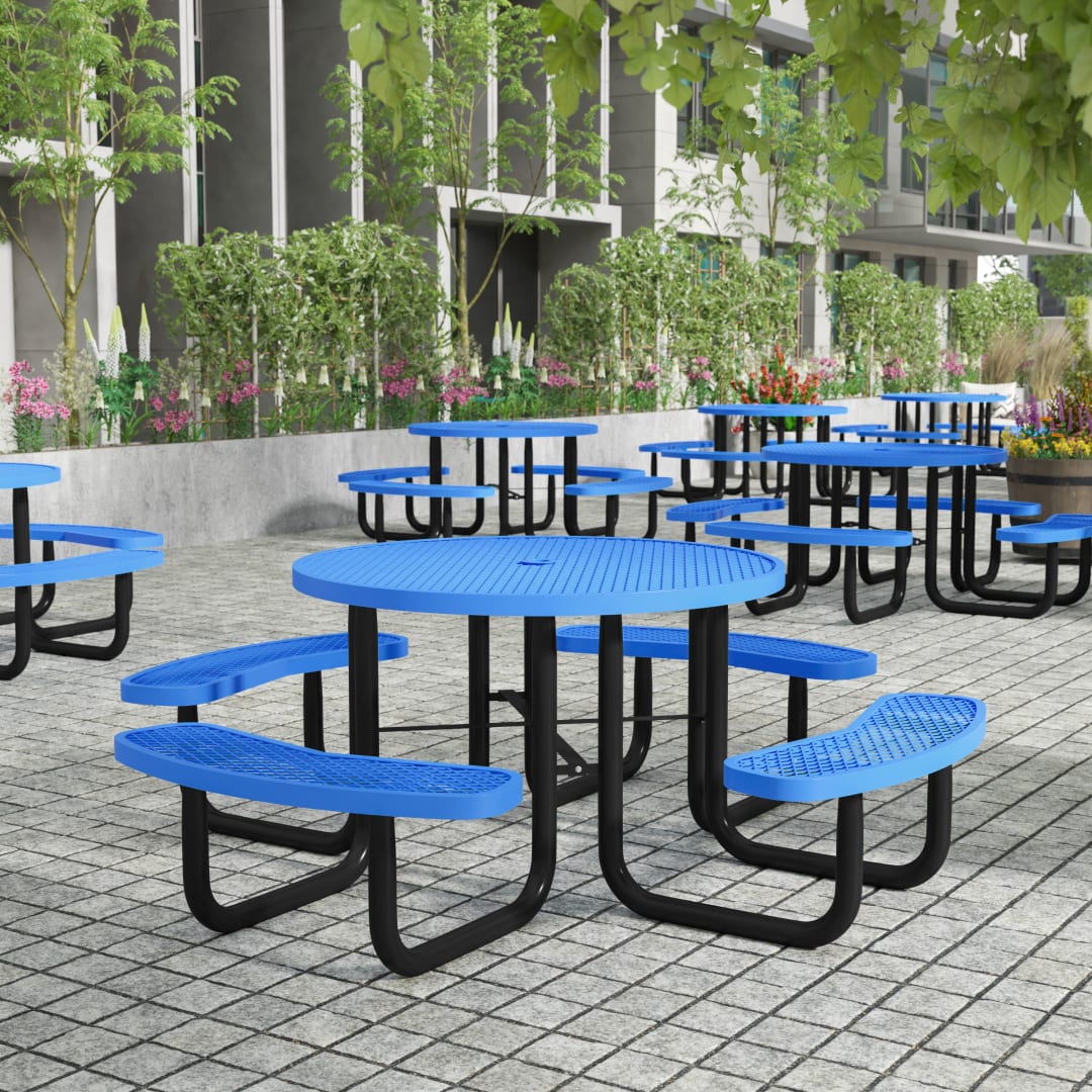 Creekside 46" Round Outdoor Picnic Table with Commercial Heavy Gauge Expanded Metal Mesh Seats and Top with Umbrella Hole, Steel Frame, Blue