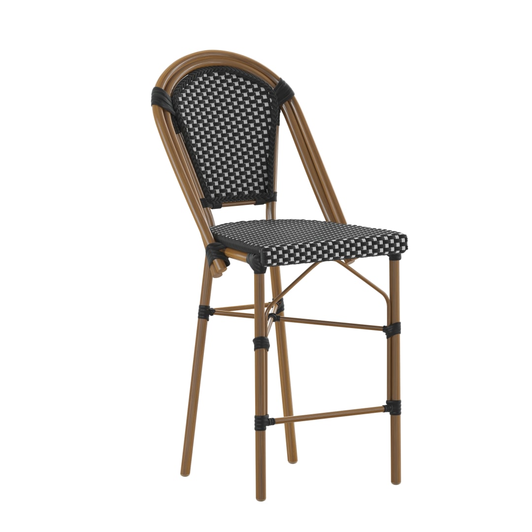 Bordeaux Stackable Indoor/Outdoor Bistro 26" High Counter Height Stool, Commercial Grade, Black/White and Bamboo Finish