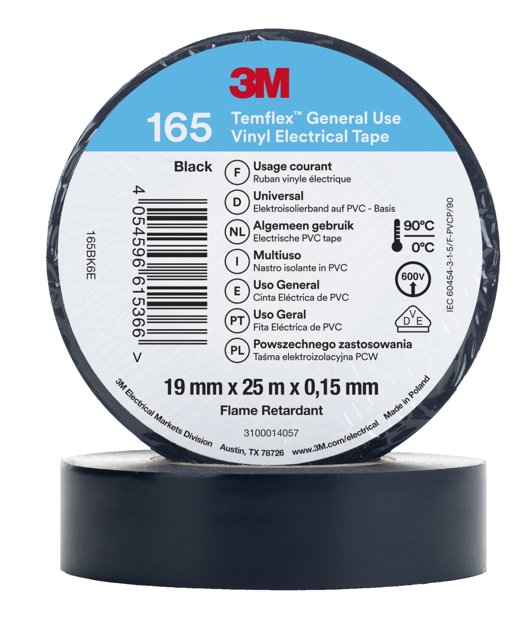 3M™ Temflex™ Vinyl Electrical Tape 165, Black, 19 mm x 25 m, 100 Rolls/Case