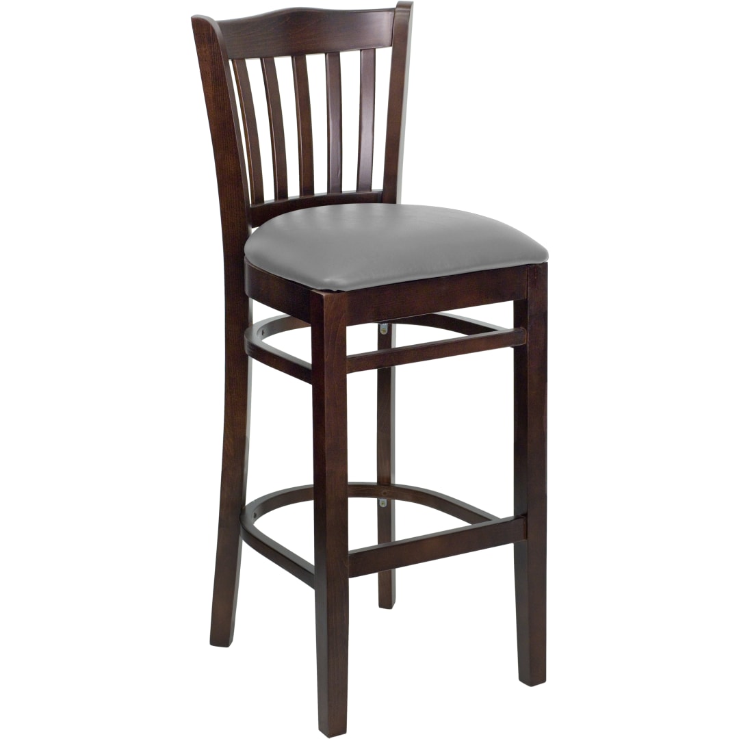 HERCULES Series Vertical Slat Back Walnut Wood Restaurant Barstool - Custom Upholstered Seat