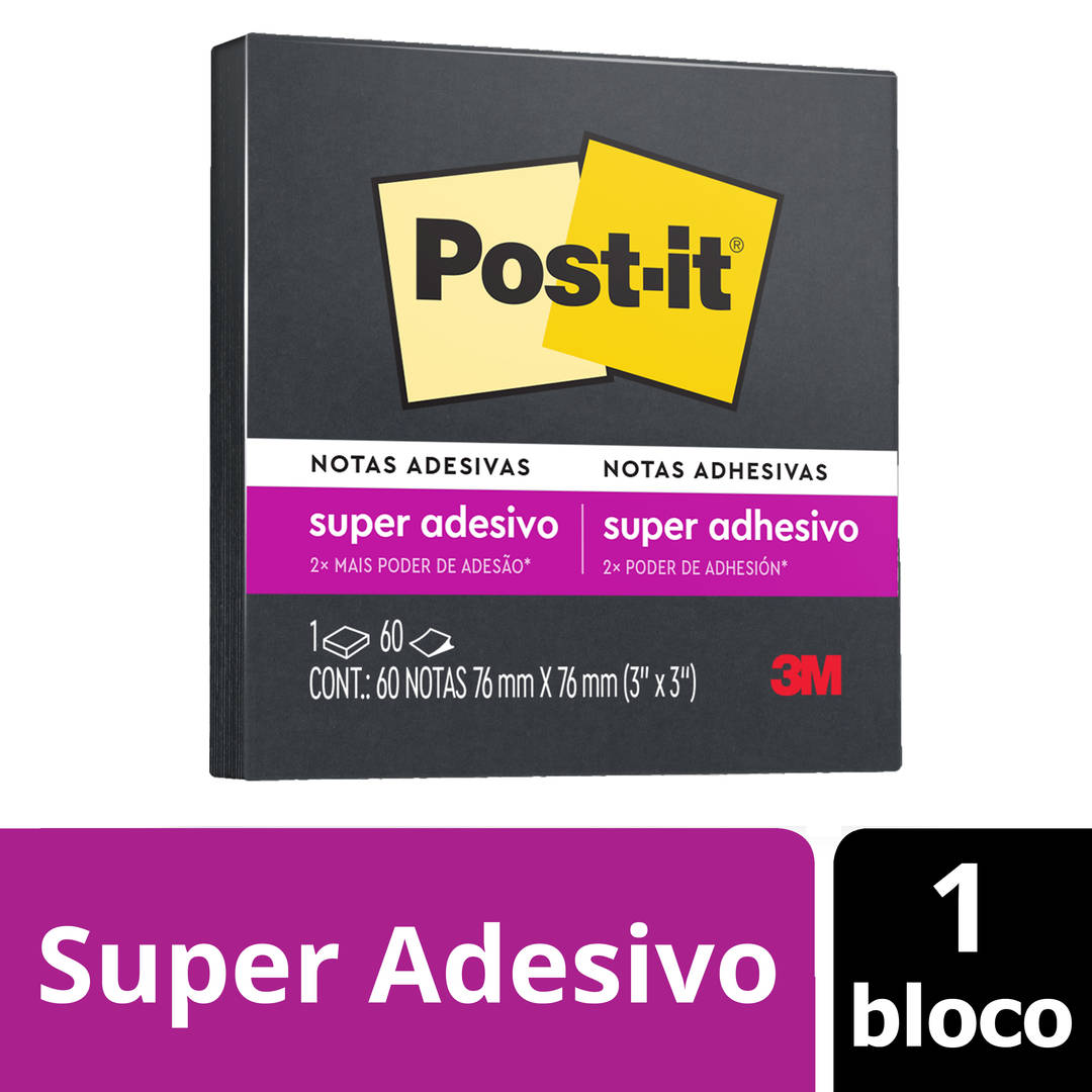 Bloco de Notas Super Adesivas Post-it®, Preto, 76 mm x 76 mm, 60 Folhas