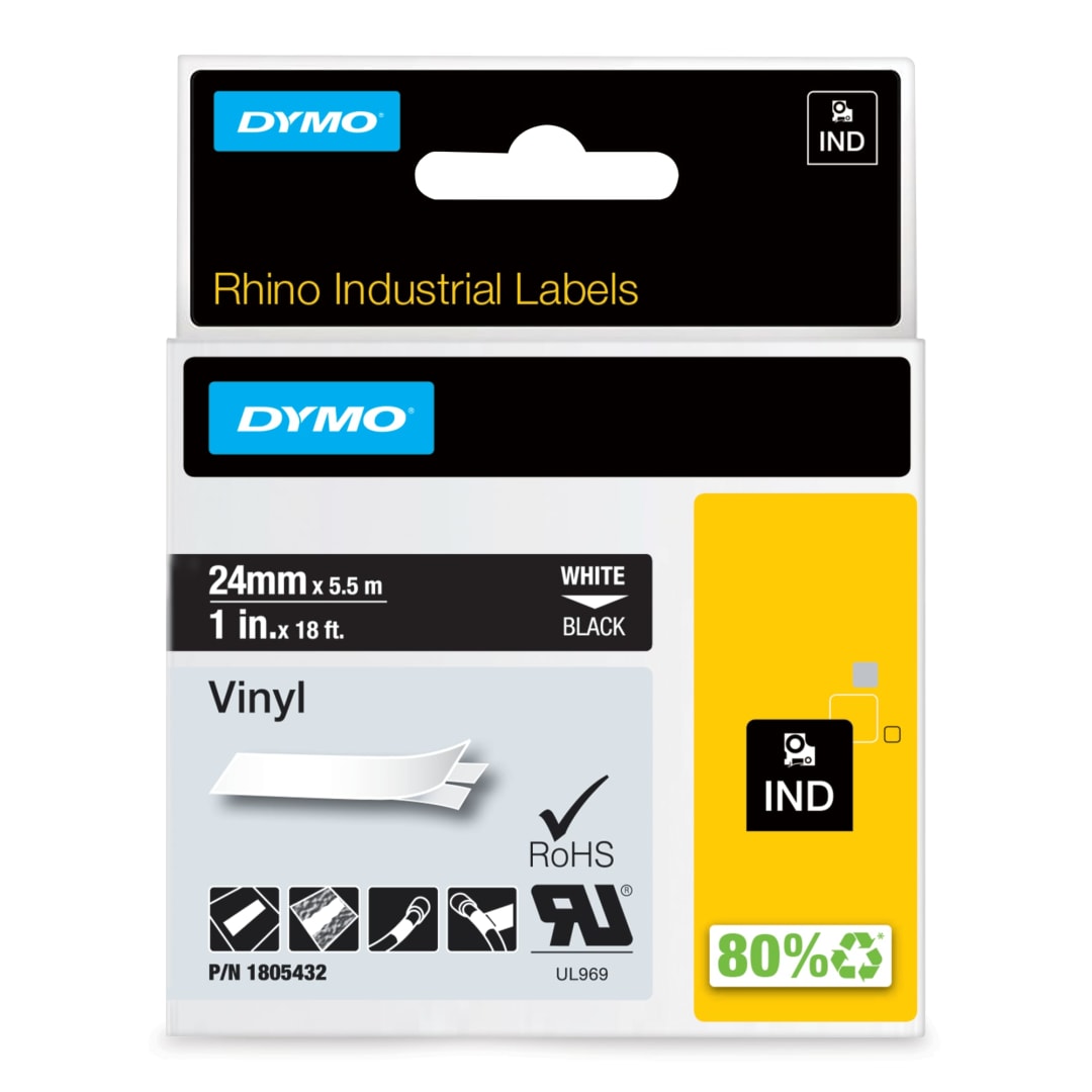 DYMO® Rhino Industrial Vinyl Labels, 1", White Print on Black Tape