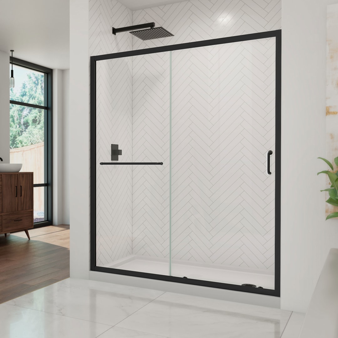 DreamLine Infinity-Z 34 inch D x 60 inch W x 74 3/4 inch H Semi-Frameless Sliding Clear Shower Door in Matte Black with Right Drain White Shower Base Kit