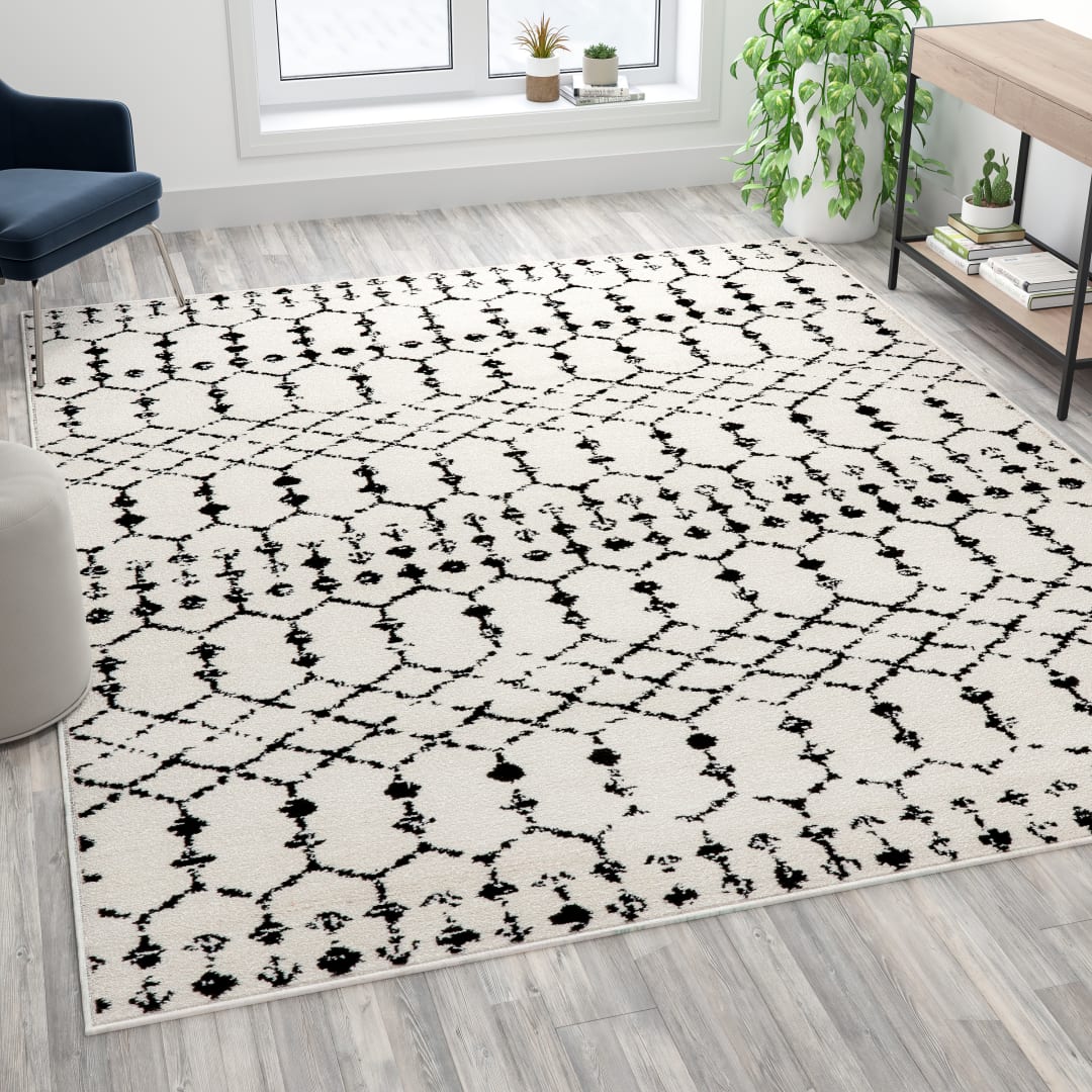 Beth Geometric Bohemian Low Pile Rug - 8' x 10' - Ivory/Black
