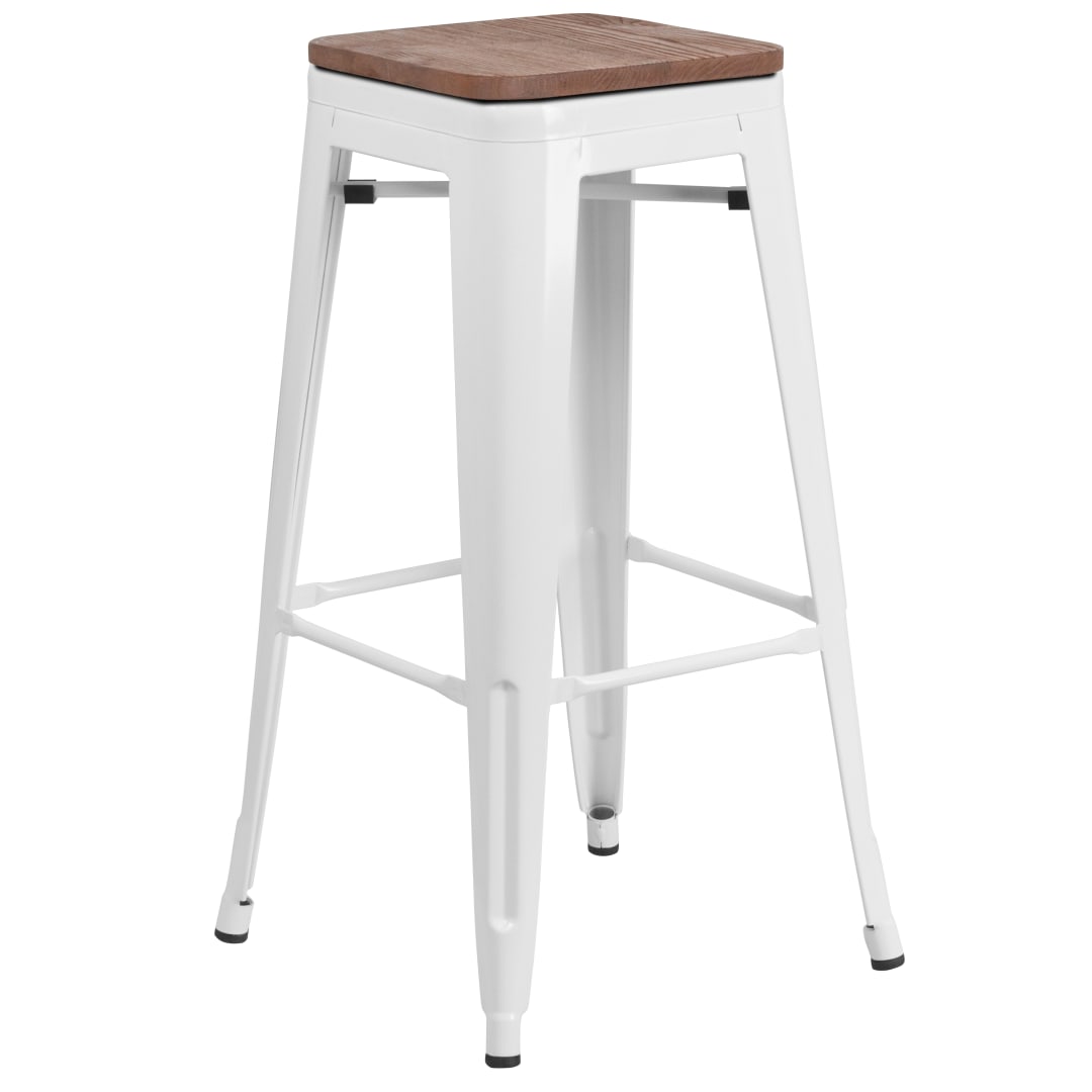 Lily 30" High Backless White Metal Barstool with Square Wood Seat