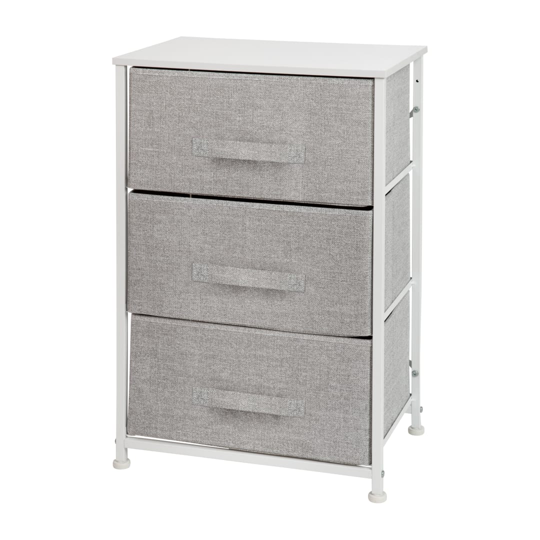 Harris 3 Drawer Wood Top White Cast Iron Frame Vertical Storage Dresser with Light Gray Easy Pull Fabric Drawers