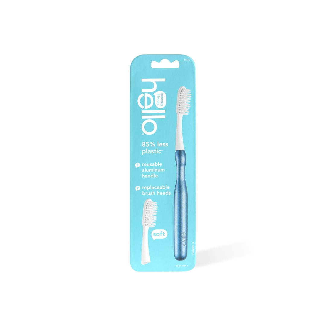 hello Sustainable Toothbrush with Reusable Blue Modern Aluminum Handle & 2 Soft Replacement Heads, BPA-Free