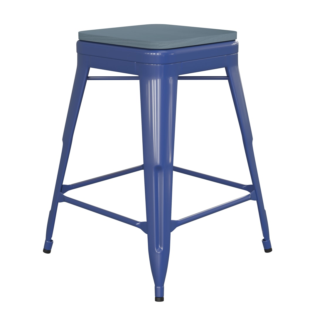 Kai Commercial Grade 24" High Backless Blue Metal Indoor-Outdoor Counter Height Stool with Teal-Blue Poly Resin Wood Seat
