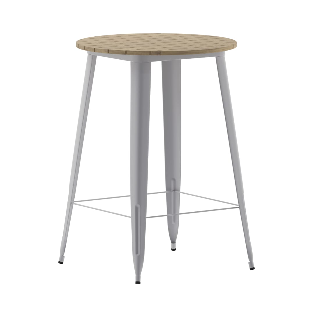 Declan Commercial Indoor/Outdoor Bar Top Table, 30" Round All Weather Brown Poly Resin Top with Silver Steel base