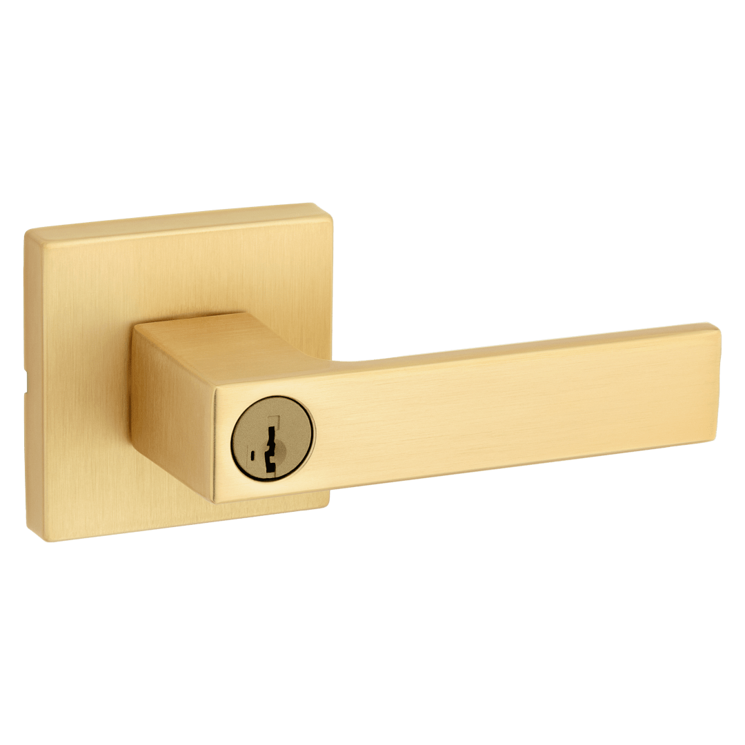 Singapore Square Keyed Entry Door Lever featuring SmartKey Security™ in Satin Brass