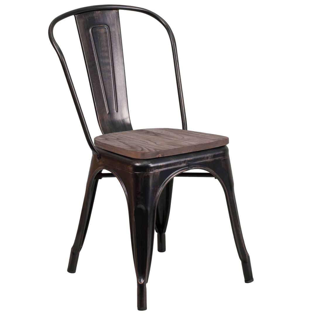 Perry Black-Antique Gold Metal Stackable Chair with Wood Seat