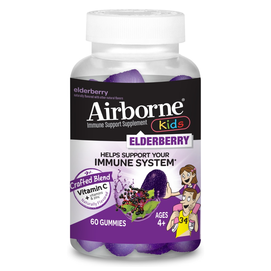 Airborne KIDS Elderberry Gummies (60 unitats), Suplement per al suport immunitari amb zinc i vitamines C, D i E, gust natural, sense gluten, sense edulcorants artificials, sense colorants afegits